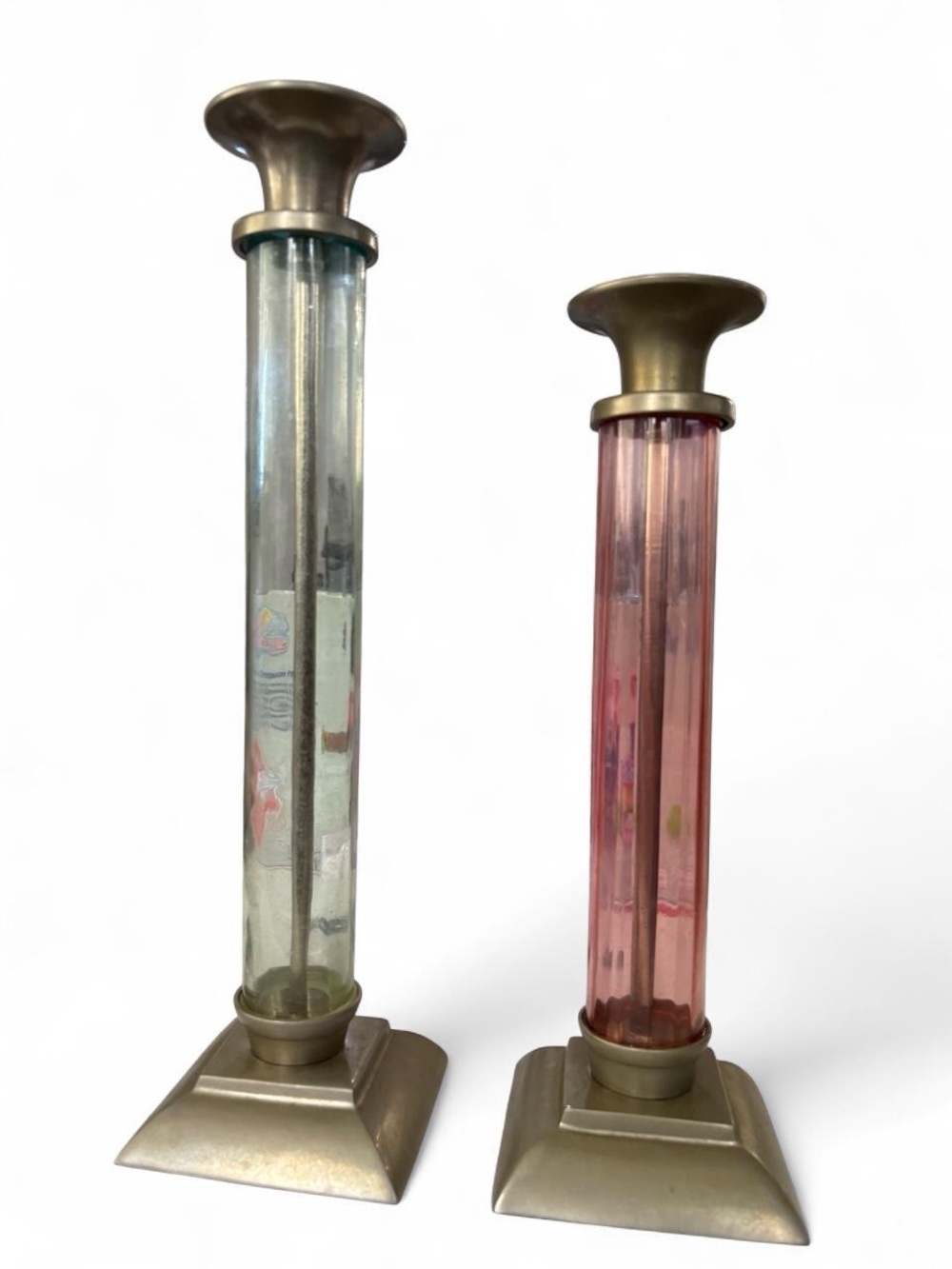 Glass Column Accent Candlestick Pair in Pink and Green with Brass Finish